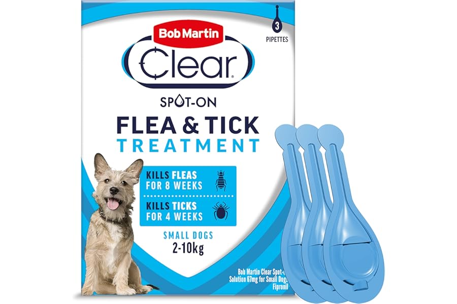 Bob Martin Clear Spot On Flea Treatment for Small Dogs (2-10kg) - Kills Fleas & Ticks (3 Pipettes)