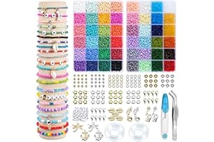 ARTREE 7000 Pièces Perles de Rocaille en Verre,4mm kit Bijoux Enfant avec 300 Lettres,Petites Perles de Poney Assorties,pour Boucles d'Oreilles la Décoration de Bricolage