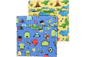 BUABI Bolsa merienda Infantil 19x19 cm - Porta Bocadillos y Sandwich - Envoltorio térmico Tela y Aluminio, ecológico, Reutilizable, sin BPA (Dinosaurios y Monstruos)
