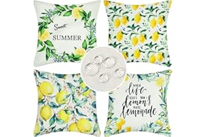 Velvhom Outdoor Kissenbezüge wasserdichte Leinen Zierkissenbezüge Sommer Gelbe Zitrone Obst mit Grüne Blätter Muster Mode Dekokissen Kissenhülle für Sofa Schlafzimmer Wohnzimmer Auto 50x50cm 4er Set
