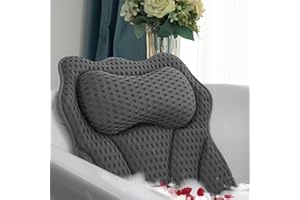 Joeyset Luxury Bathtub Pillow, 4D Air Mesh Fabric for Breathability & Quick-Drying, Extra Thick Spa Cushion for Head, Neck, Back Support, Non-Slip Tub Pillow with Strong Suction Cups (Gray)