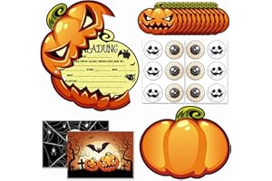 Oizemori Halloween Einladung Kindergeburtstag – 12x Kürbis Einladungskarten Set mit Umschlägen und Aufklebern – Einladung Halloweenparty Kinder für Gruselfeier und Horror-Party