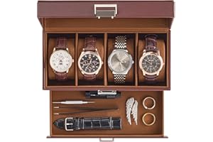ProCase Caja para 4 Relojes, Estuche de Reloj de Doble Nivel con Tapa de Cristal, Organizador para Relojes, Anillos y Pulseras, Regalo Ideal para Navidad, Cuero Sintético -Marrón