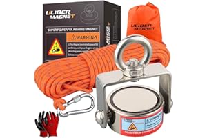 ULIBERMAG Kit Magnete da Pesca Potente a Doppia Faccia Rotante Con Corda, Neodimio, Forza di Trazione 280 kg per Recupero