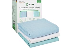Kolo - Set di 3 Mussole Swaddle in Puro Cotone Biologico, 70x70 cm, Azzurro/Verde acqua/Bianco