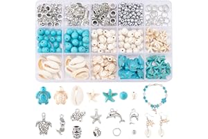 PH PandaHall 292PCS Ocean Schmuckherstellungsset, Blau-Weiß Schildkröten Perlen Mit Loch Zwischenperlen Meerjungfrau Delphin Seestern Legierungs Meer Anhängern Für DIY Halsketten Fußkettchen Bastel