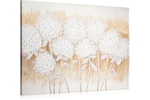 Hollyone Wall Art Hydrangea Flower Large Canvas Oil Painting Hand Painted White Floral Pictures Aesthetic Botanical Artwork for Living Room Bedroom Hotel Decoration, 29.5" x 39.4"