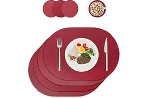 ‎WAKOSAN Tischsets und Untersetzer aus Kunstleder, Platzdeckchen abwaschbar,Platzsets abwaschbar,Tischdeko,Tischset rund,Platz-Matten für Küche Speisetisch,4er-Set (Oval, Weinrot)