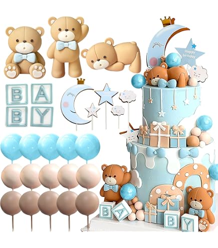 LaVenty Orsacchiotto Decorazione Torta – Set Completo Treno E Orsetti Blu Per Battesimo, 1 Anno, Baby Shower, Compleanno