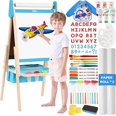 Svan Tisch-Staffelei Aus Holz – Doppelseitig Magnetische Tafel & Kreidetafel – 80-teiliges Aktivitäten-Set Mit Buchstaben, Formen, Kreide – STEM-Spielzeug Für Kinder Ab 3 Jahren