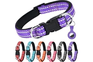 AUAUY Collier pour Chien, Collier en Nylon Réfléchissant Réglable Classique avec Rembourré Doux Respirant Mesh, Collier avec Étui AirTag pour Petits Chiens, Moyen Gros, Grand Chiens(Violet-M)