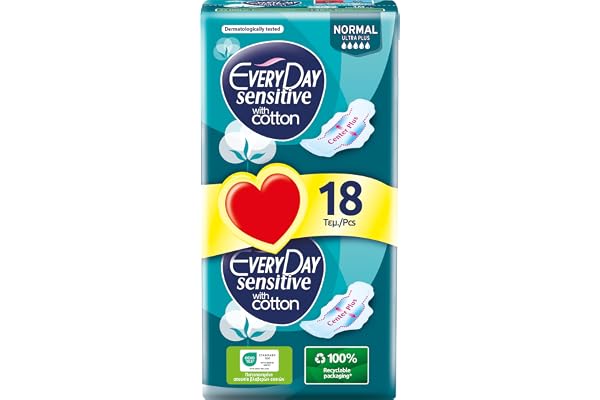 EveryDay Sensitive Normal, Filtrant avec Coton, Serviettes Hygiéniques avec Ailettes, Flux Régulier, 18 unités