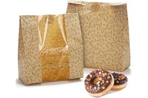 Hacaroa 100 Stück Papier Brotbeutel mit Klarem Fenster, 27,5 x 25 x 10 cm Kraft Bäckerei Taschen mit 100 Aufkleber, Braun Toast Verpackung Taschen für Hausgemachtes Brot, Keks