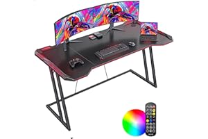 CubiCubi Gaming Desk with LED, 140 cm Gamer Workstation, Home Computer with Carbon Fiber Surface, Black