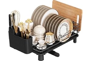 MAJALiS Égoutoire Vaisselle Cuisine, Égouttoir à Vaisselle pour Comptoir de Cuisine, Egouttoir Vaisselle en Acier Inoxydable avec Porte-gobelet Amovible Unique, pour Vaisselle, Bols, Noir