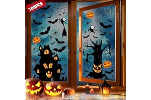 VASIN Halloween FensterAufkleber, Halloween Fensterbilder, 188 Fenster Aufkleber Deko Statisch Aufkleber Doppelseitiger Fensteraufkleber Geist Fledermaus Castle für Halloween Dekorationen Party Karneval