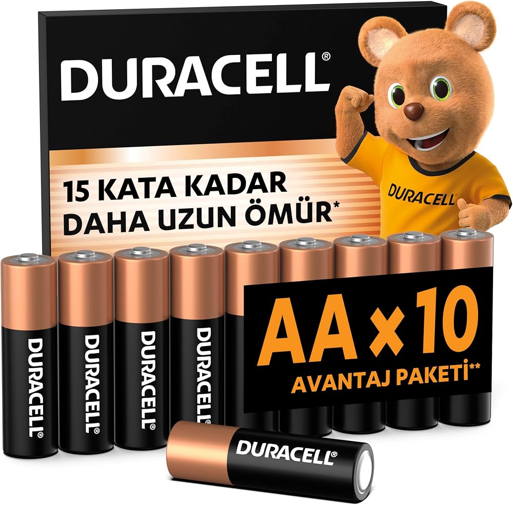 DURACELL BASIC AA Alkalin Kalem Pil (10'lu Paket) – 1,5V | 15 Kata Kadar Daha Uzun Ömürlü – Günlük Cihazlar için Güvenilir Güç – Plastik İçermeyen Ambalaj