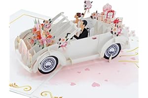 Favour Pop Up® Kartka ślubna 3D z motywem samochodu weselnego, ręcznie wykonana kartka na ślub, prezent pieniężny na miesiąc miodowy, kartka z życzeniami ślubnymi