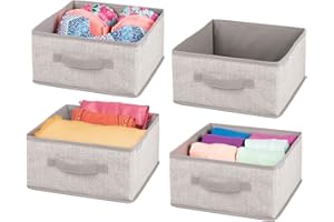 mDesign Juego de 4 cajas organizadoras de fibra sintética – Organizadores para armarios con asa y sin tapa – Cajas de tela para guardar ropa, mantas, accesorios y más – beige y marrón claro