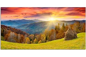 Paul Sinus Art 120x60cm - WANDBILD Berge Wald Wiese Sonne Herbst - Leinwandbild auf Keilrahmen modern stilvoll - Bilder und Dekoration