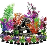 QUOZUO 25pcs Aquarium Decorative Plants with Rockery View, Plastic Plants for Aquarium Decor and Rock Cave Hideout Ornaments,