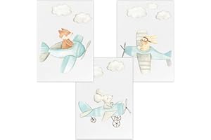 Olgs Kinderzimmer 3er Poster Bilder Set | Deko Wandbilder | Piloten Wolken Bilder Wandposter DIN A4 | Tiere Fuchs, Maus, Hase Wanddeko für Babyzimmer