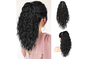 BRIKABIA Blonde Ponytail Extension Pferdeschwanzverlängerung Haarteil mit Klammer, Lange, Gewellte, Lockige Pferdeschwanz Haarteil Clip in Haarverlängerung für Frauen, 40cm, Schwarz