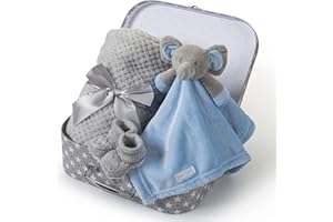 Hoolaroo Newborn Baby Gift Set New Baby Gifts Boy Hamper Present Unique Suitcase Memory Box Cute Soft Congratulations Milestone Blue Elephant Comforter Blanket