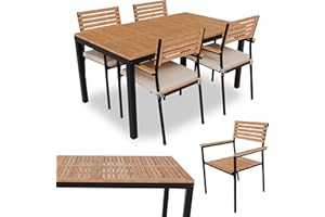 Juskys Salon de Jardin en Bois d'acacia Rhodos - Table, 4 chaises & Coussins - Mobilier de Jardin en Bois, 5 pièces - Meubles de Balcon - Mobilier d'extérieur Bois Naturel & Noir