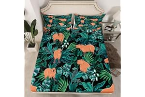 HOMEWISH Funny Capybaras Fitted Sheet Double Size Cartoon Capybara Stuffed Animals Bed Sheets for Kids Adults Tropical Palm Tree Leaves Bedding Set Hawaiian Sheets Green Summer Room Decor 3Pcs