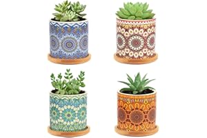 Nasxkji Succulent Plant Pot with Bamboo Tray 4 PCS Small Plant Pots 7.3cm Indoor Mandala Pattern Cactus Plants Pot for Indoor Decoration Mini Plants and Seedlings