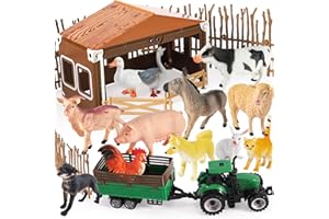 BUYGER Animales de Juguete para Niños 3 4 5 6 Años, Animales de Granja Grandes y Realistas con Granero, Valla Desmontable y Camión de Transporte, Juguete Educativo para Niños y Niñas