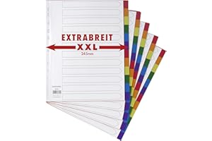 ‎PLASTOREG 5er Set XXL 12-teiliges Register/Trennblätter extra breit aus buntem stabilem PP, DIN A4+ mit Deckblatt aus stabilem Papier zum Beschriften. Trenn-Blätter überbreit für die Ordner-Organisation im Büro
