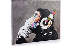 SHOPART FINE ART PRINTS ShopArt – Banksy – Dj Monkey – Ramka z farbą z efektem pędzla dłoni płaskorzeźby - Druk na płótnie wysokiej rozdzielczości płótno gotowe do zawieszenia (70 x 100)