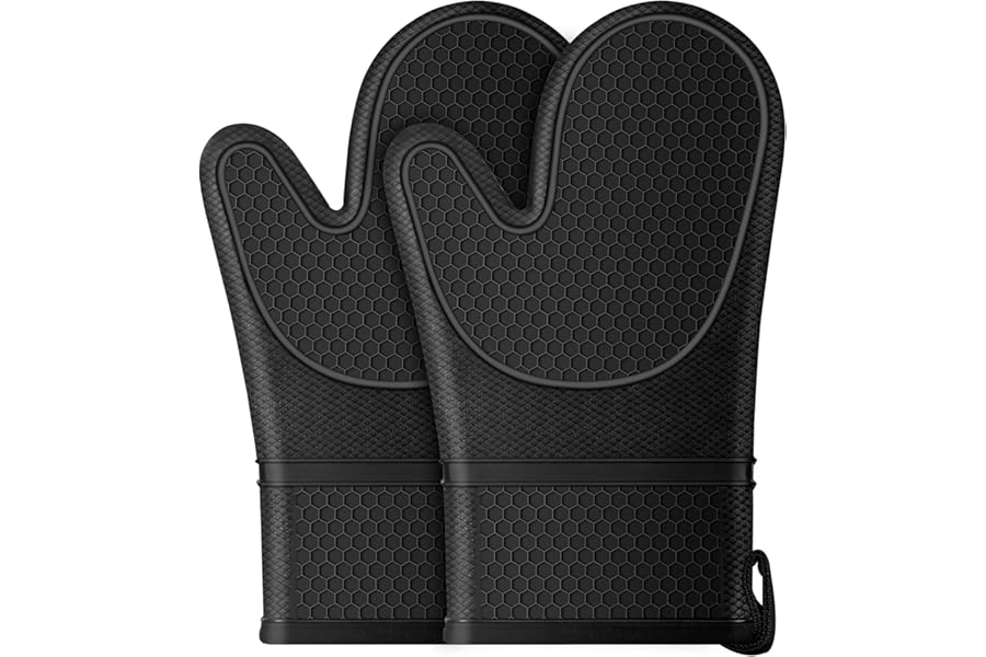 Oven Mitts,Anti-Slip Silicone Oven Gloves,Heat Resistant Gloves,Withstand 500 ℉,Black Double Oven Gloves for Kitchen Cooking,Dessert Making,BBQ