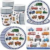 pekifaves Birthday Party Tableware Set for Kids | fire engine, excavators, truck, ambulance, paper plates, napkins, transport