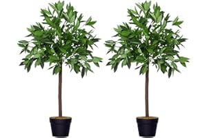 Outsunny Artificial Bay Laurel Topiary Trees w/Pot Fake, Set Of 2 90cm/3FT Indoor Greenery Plant Home Office Garden Decor Green