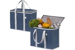 VENO 2 Pack Insulated Reusable Grocery Bag, Food Delivery Bag, Durable, Heavy Duty, Large Size, Stands Upright, Collapsible, Sturdy Zipper, Reusable and Sustainable (Blue, 2 Pack)