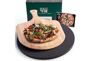 DOLCE MARE Pierre à Pizza Ronde et Noire avec Pelle à Pizza – Pierre à Pizza en cordiérite de Haute qualité pour Four et Grill – Pierre à Pizza pour Pizza croustillante comme chez l'Italie