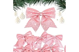 BHGT 24pcs Lazos Navidad Grandes para Árbol de Navidad Rosa con Purpurina 10cm Decoración Navidad Regalo Adornos Colgantes Navideños