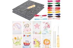 RISF Lot de 16 aiguilles à picoter pour enfants, images à broder, tapis en feutre, aiguilles à gros œillets, aiguilles à perles et 12 couleurs de corde à broder, cadeaux pour kit de pipelage à partir