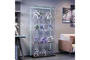 BPKADHY Vitrina de cristal con iluminación LED, de pie con 4 estantes y 2 puertas de cerradura, ideal para salón, oficina, coleccionables y libros