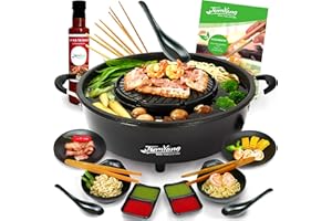 TomYang Hot Pot Électrique Professional Set incluant Livre de Cuisine pour Le Grill Thaï Original, Set de Vaisselle 10 pièces, Sauce BBQ Thaï, 6 Pinces à Griller, Barbecue Coréen, 2 in 1 Hotpot