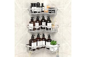 UUlioyer Corner Shower Caddy, Stainless Steel Bathroom Shelf No Drilling, Bath Storage with Hooks (3-Pack Corner Shower Caddy- Silver)