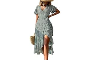 CUPSHE Damska letnia sukienka maksi, kopertowa , casualowa, rozkloszowany rękaw dekolt w serek Ditsy sukienka wiązana talia falbanka sukienka plażowa