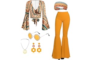 kasahara Hippie Costume Women's Full Set 60s 70s Hippie Clothing Abba Disco Outfit with Tops Flared Trousers Halloween Theme Party Carnival Fancy Dress Costumes