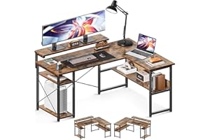 ODK Scrivania ad angolo, scrivania per computer reversibile con ripiani per riporre, scrivania da ufficio con supporto monitor regolabile (137×104 cm, Marrone d'epoca)