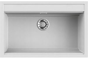EVHOC Lavello Sopratop DESIDERATA S, 1 Vasca, Lavandino in Kuarzite Vasca Unica per Cucina, Fascia Miscelatore Preforata, Made in Italy, Bianco, 79x51 cm