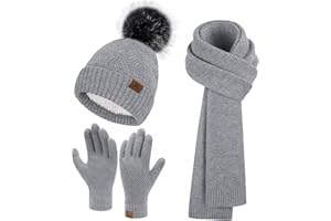 Bequemer Laden Donna Invernali Cappello Berretto con PON PON Lunga Sciarpa Sciarpe Touch Screen Guanti Set con Fodera in Pile, Regalo Donna