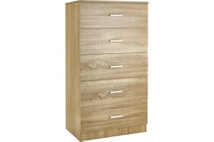 Baroni Home Kommode 5 Schubladen aus Melamin, Schrank für Schlafzimmer oder Wohnzimmer, moderner Schrank aus Eiche 60x40x110 cm